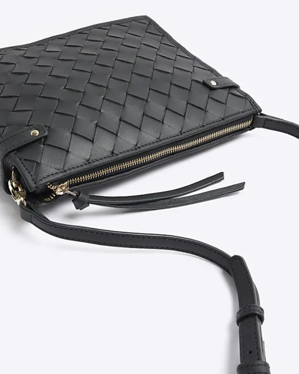 Black leather weave cross body bag