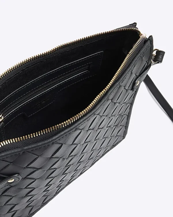 Black leather weave cross body bag