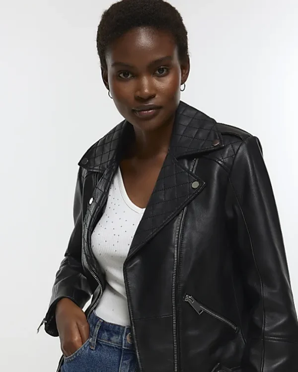 Black leather zip up biker jacket