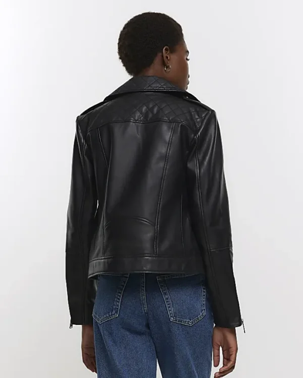 Black leather zip up biker jacket