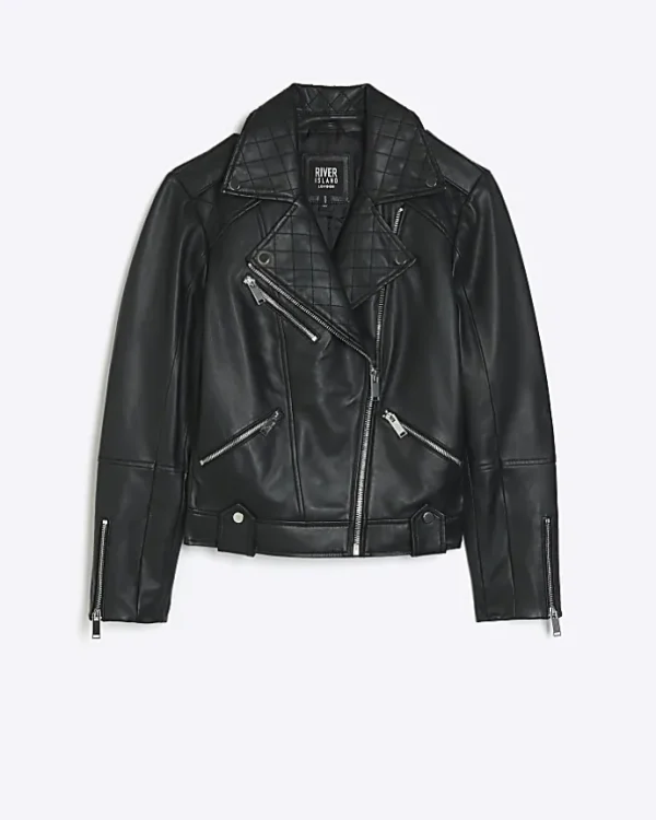 Black leather zip up biker jacket