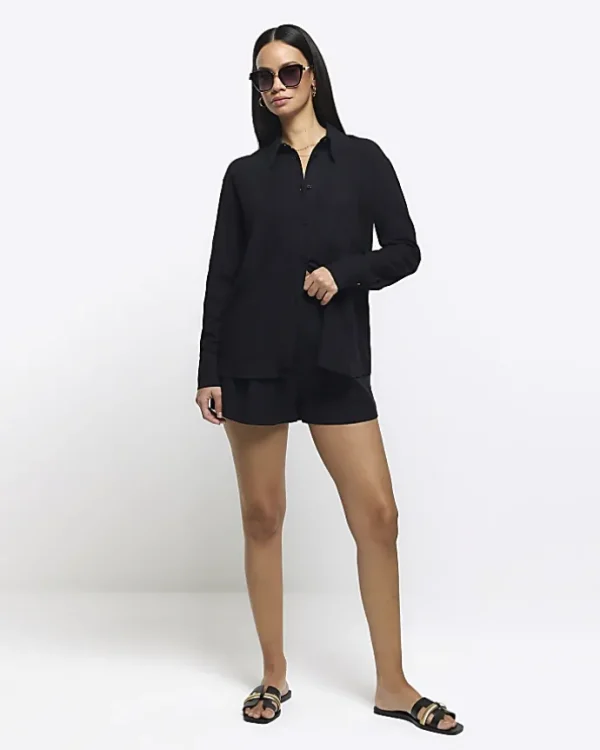 Black linen blend long sleeve shirt