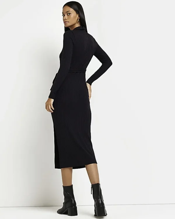 Black long sleeve bodycon midi dress