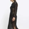 Black mesh sequin beach maxi shirt dress