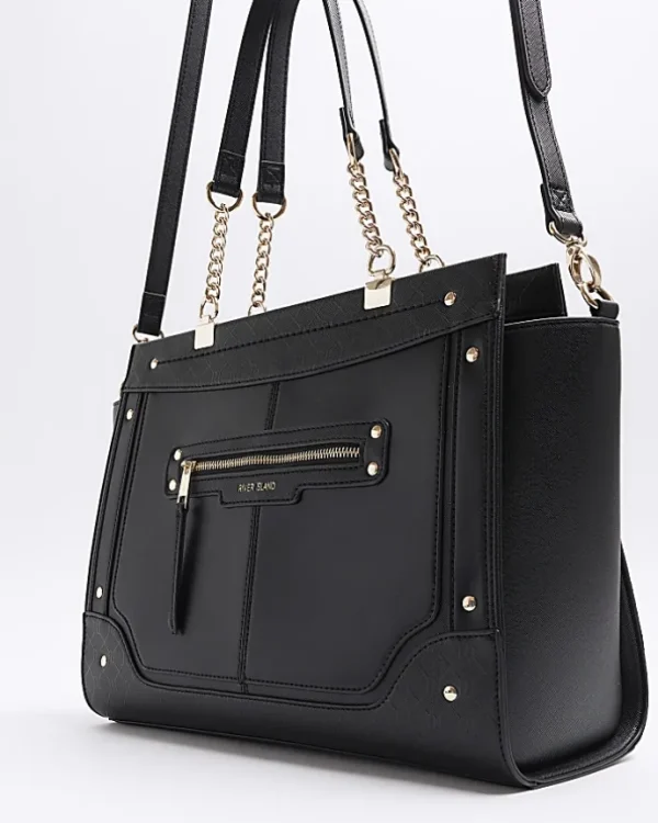 Black monogram panel zip tote bag