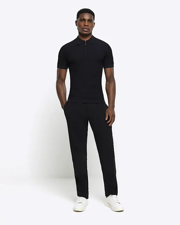 Black muscle fit knitted half zip polo