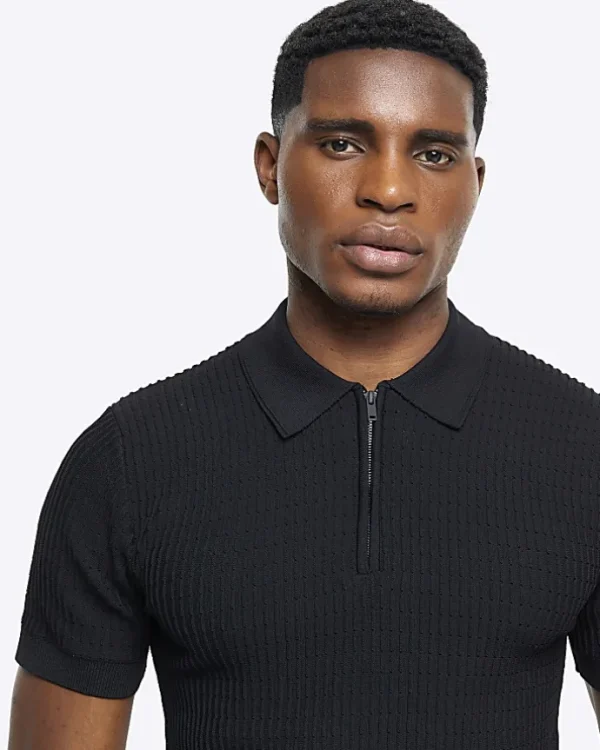 Black muscle fit knitted half zip polo