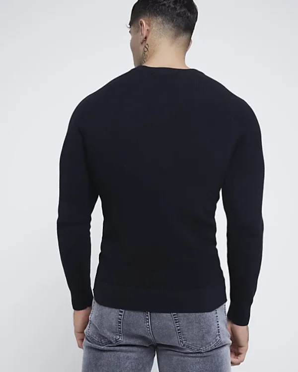 Black muscle fit rib jumper