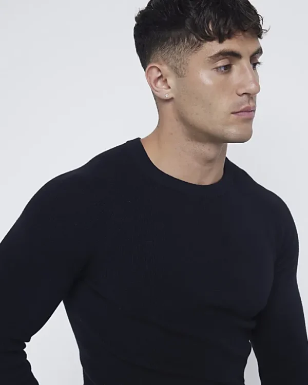 Black muscle fit rib jumper