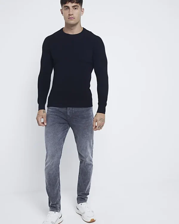 Black muscle fit rib jumper