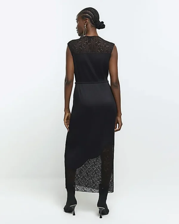 Black plisse lace slip midi dress