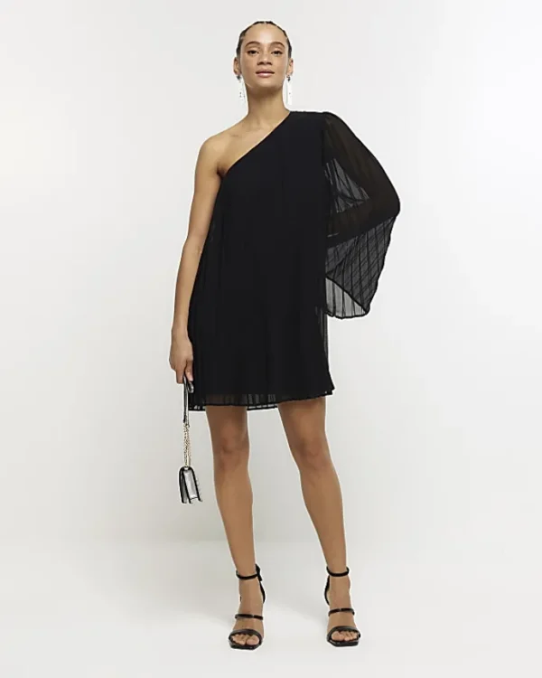 Black plisse one shoulder shift mini dress