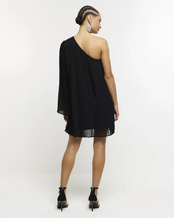 Black plisse one shoulder shift mini dress