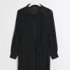 Black plisse tie waist mini shirt dress