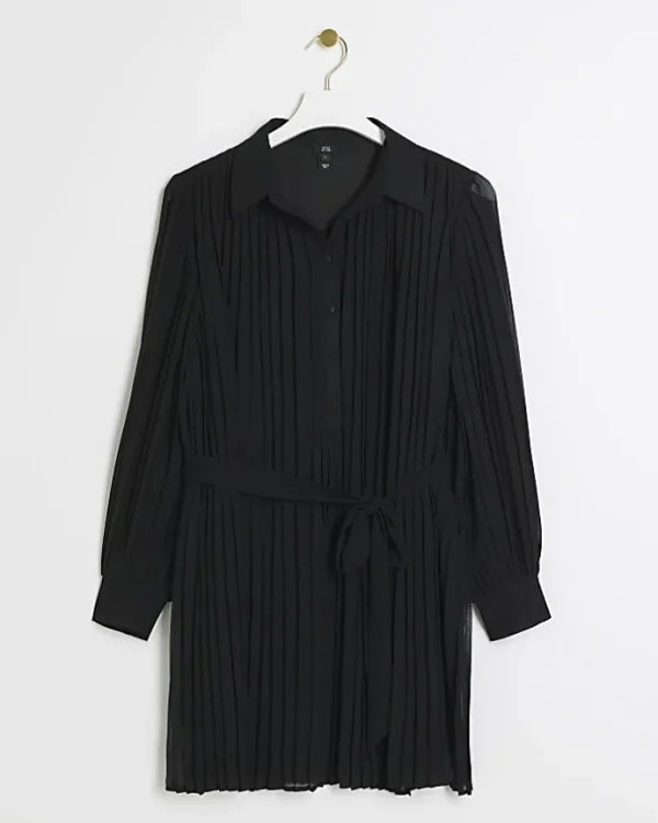 Black plisse tie waist mini shirt dress