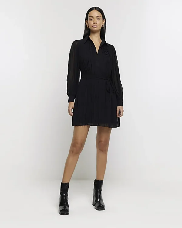 Black plisse tie waist mini shirt dress