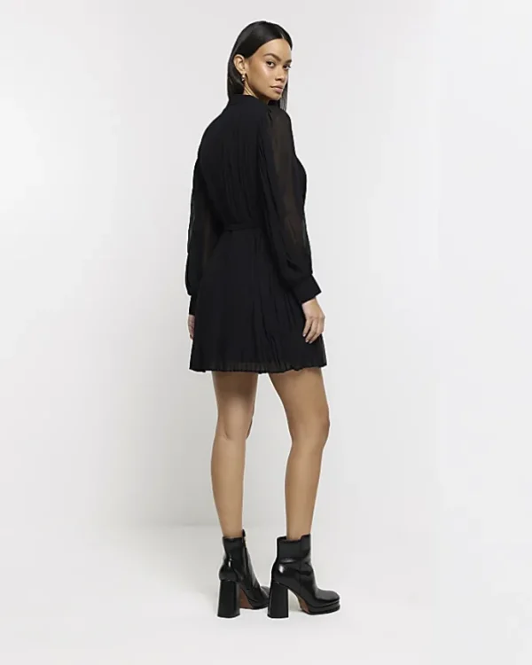 Black plisse tie waist mini shirt dress