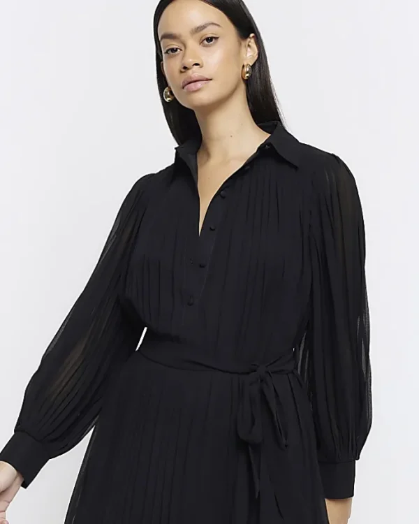 Black plisse tie waist mini shirt dress