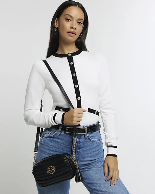 Black quilted flap front cross body bag