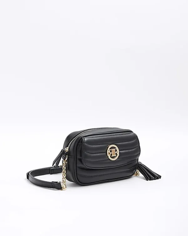 Black quilted flap front cross body bag