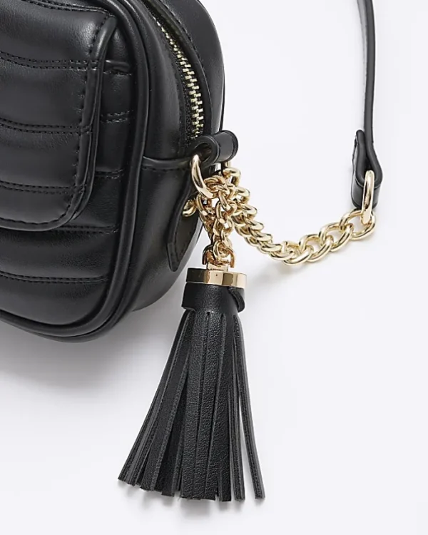 Black quilted flap front cross body bag