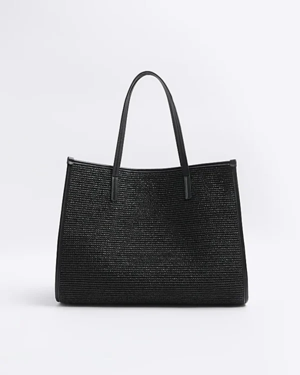 Black raffia embroidered tote bag