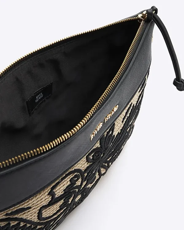 Black raffia embroidered pouchette bag