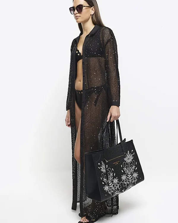 Black raffia embroidered tote bag