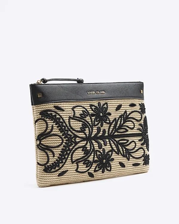 Black raffia embroidered pouchette bag