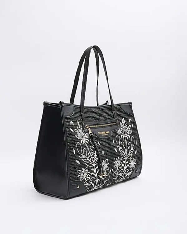 Black raffia embroidered tote bag