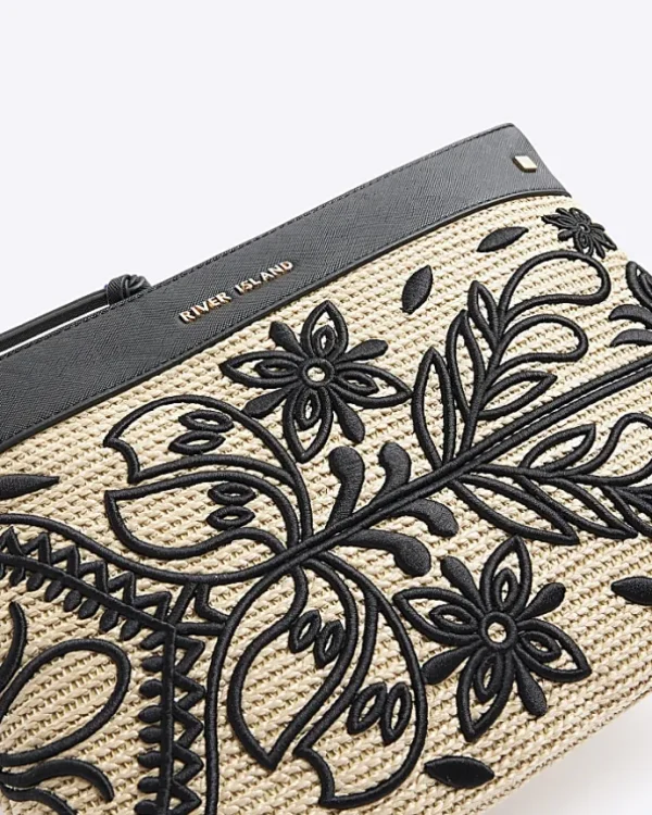 Black raffia embroidered pouchette bag