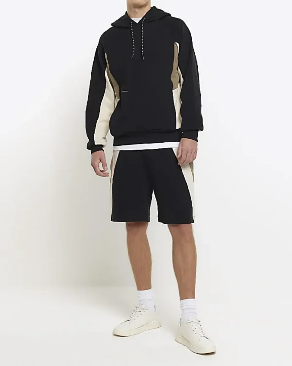 Black regular fit colour block hoodie