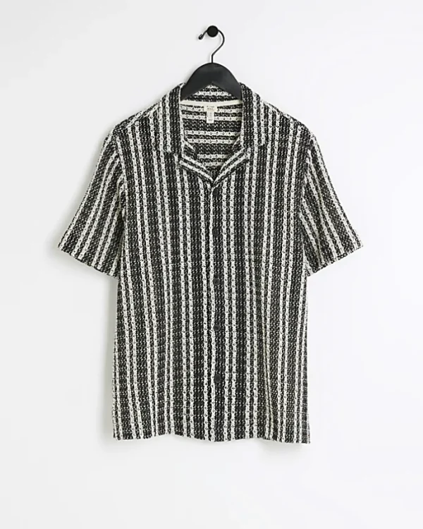 Black regular fit crochet stripe revere shirt