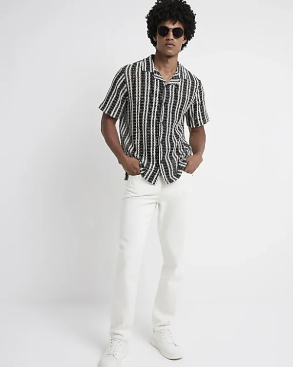 Black regular fit crochet stripe revere shirt