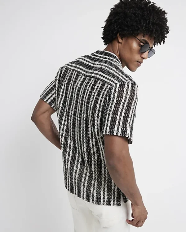 Black regular fit crochet stripe revere shirt