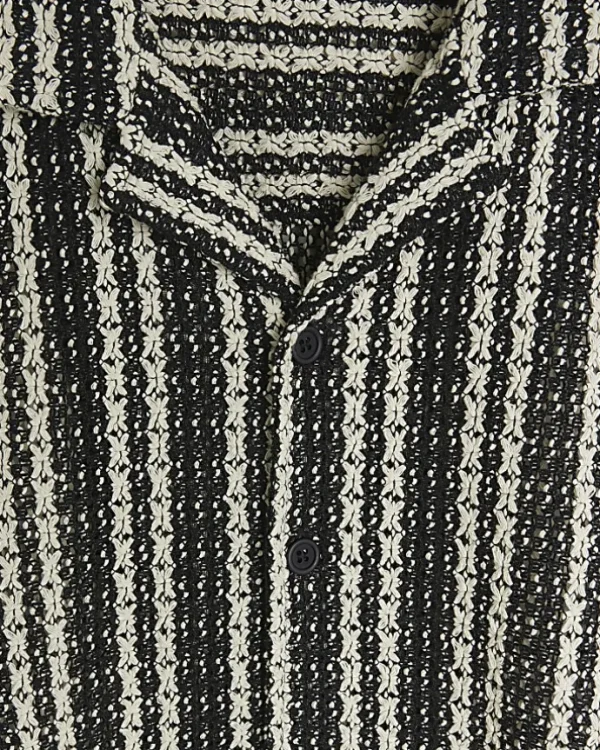 Black regular fit crochet stripe revere shirt