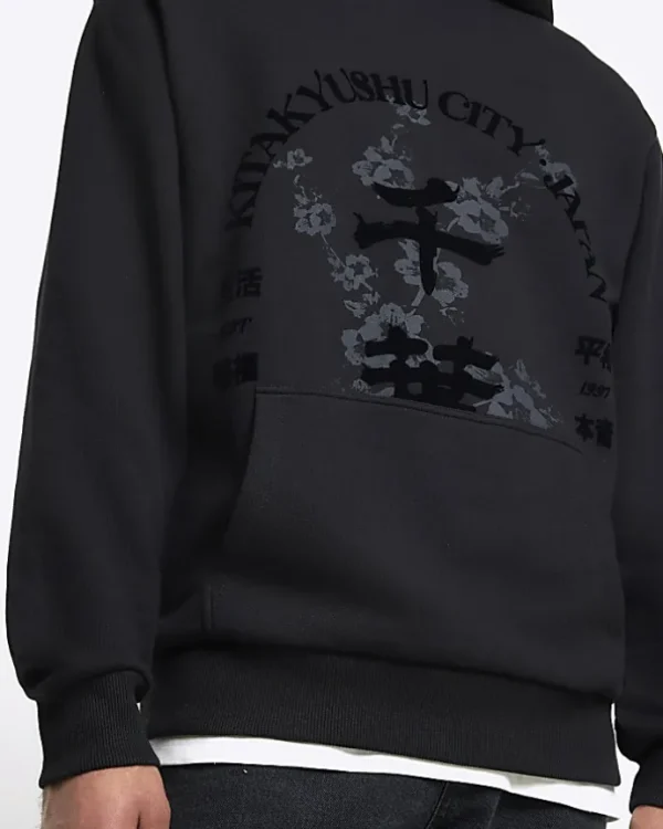 Black regular fit graphic hoodie