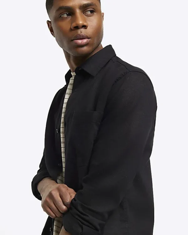 Black regular fit linen blend shirt