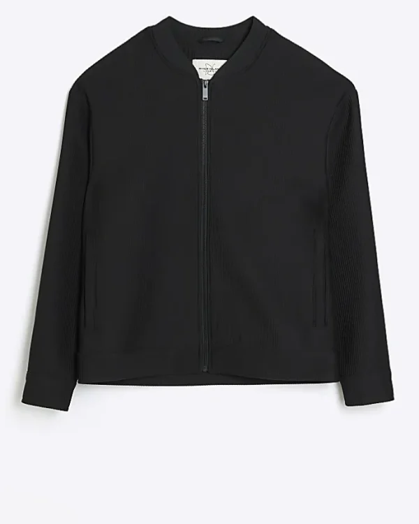 Black regular fit plisse zip bomber jacket