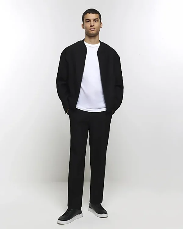 Black regular fit plisse zip bomber jacket