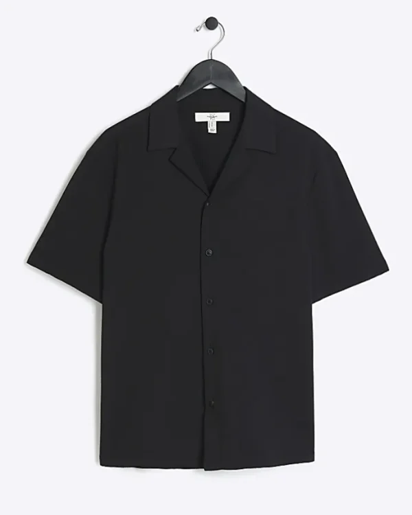 Black Regular Fit Seersucker Revere Shirt