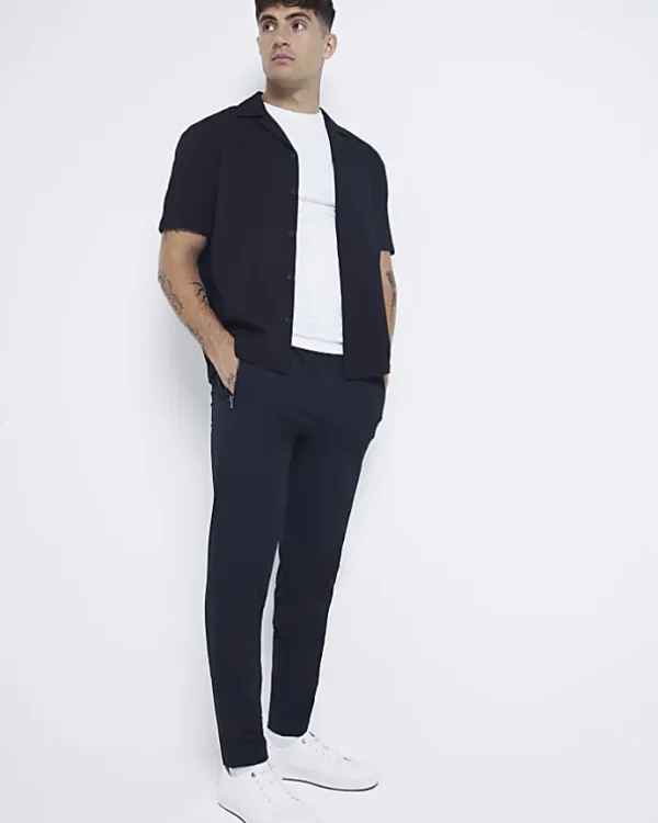 Black Regular Fit Seersucker Revere Shirt