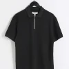 Black regular fit smart texture zip neck polo