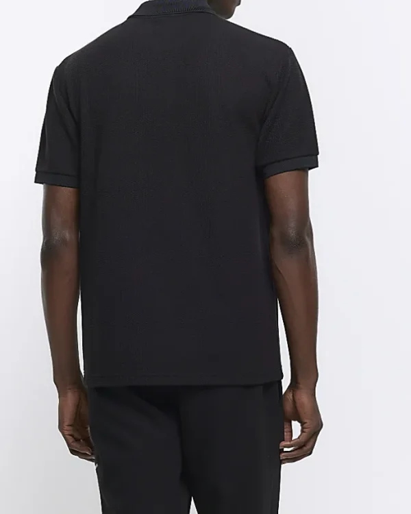 Black regular fit smart texture zip neck polo