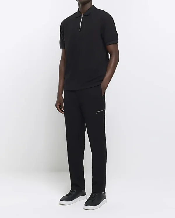 Black regular fit smart texture zip neck polo