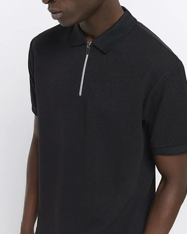 Black regular fit smart texture zip neck polo