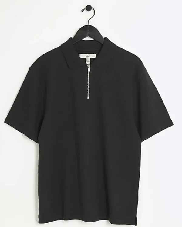 Black regular fit textured half zip polo