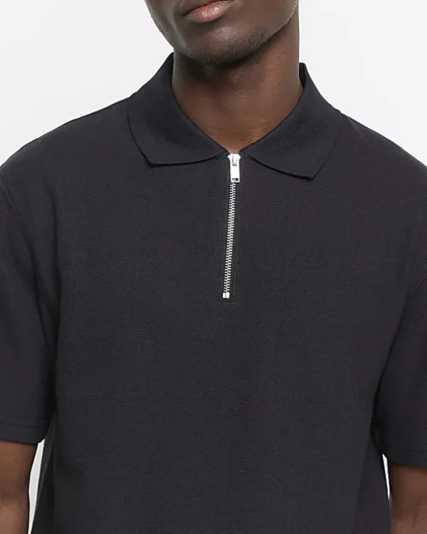 Black regular fit textured half zip polo