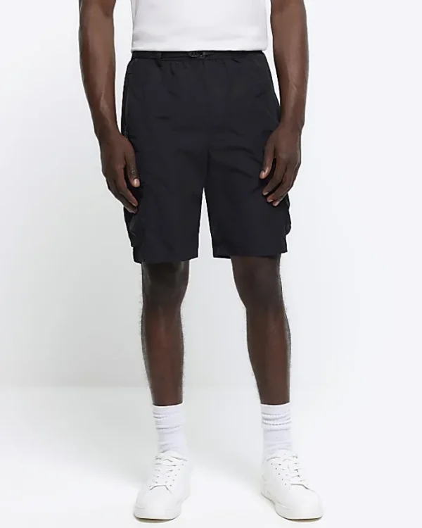 Black regular fit utility cargo shorts