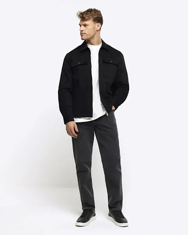 Black regular fit zip up overshirt